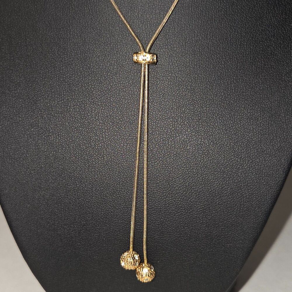 Slide Bolo Gold Tone with Clear Rhinestones Necklace
